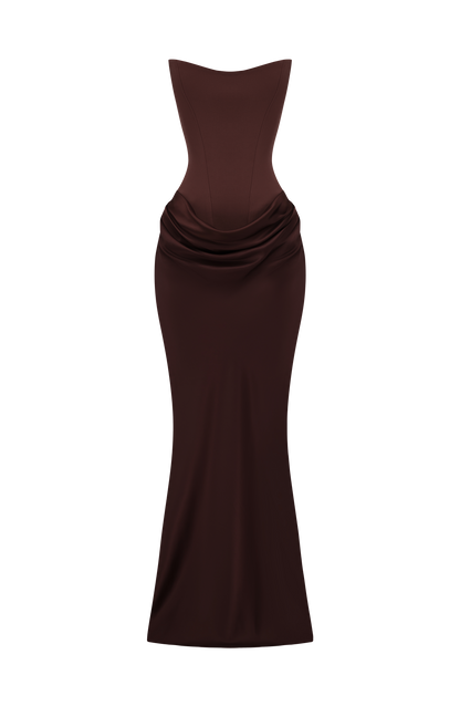 Braunes Korsett-Maxikleid freigestellt als Produktfoto ohne Model 10