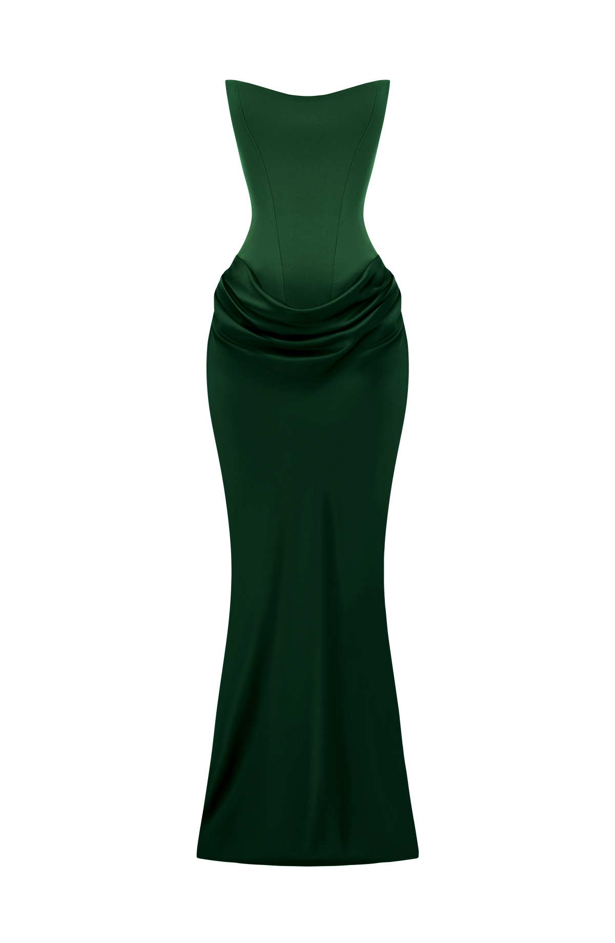 Smaragdgrünes Maxikleid ohne Model freigestellt, Korsettoberteil, Raffung an der Hüfte und langer Rock 36