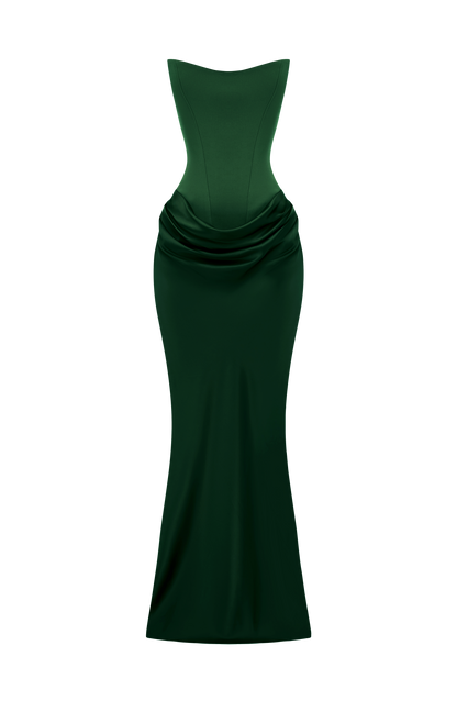 Smaragdgrünes Maxikleid ohne Model freigestellt, Korsettoberteil, Raffung an der Hüfte und langer Rock 36