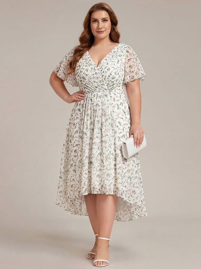 Chiffon Hoch-Tief Hochzeitsgastkleid mit V-Ausschnitt und kurzen Ärmeln 171