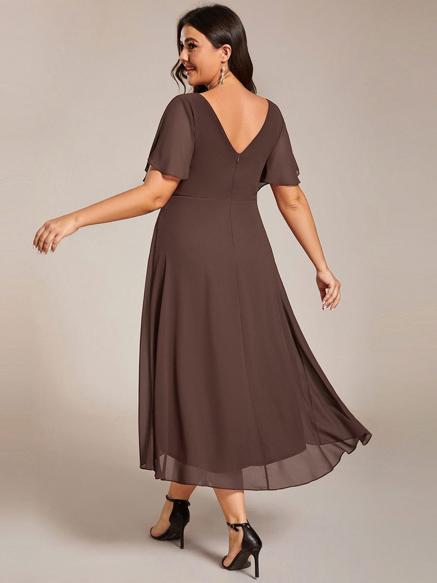 Chiffon Hoch-Tief Hochzeitsgastkleid mit V-Ausschnitt und kurzen Ärmeln 160