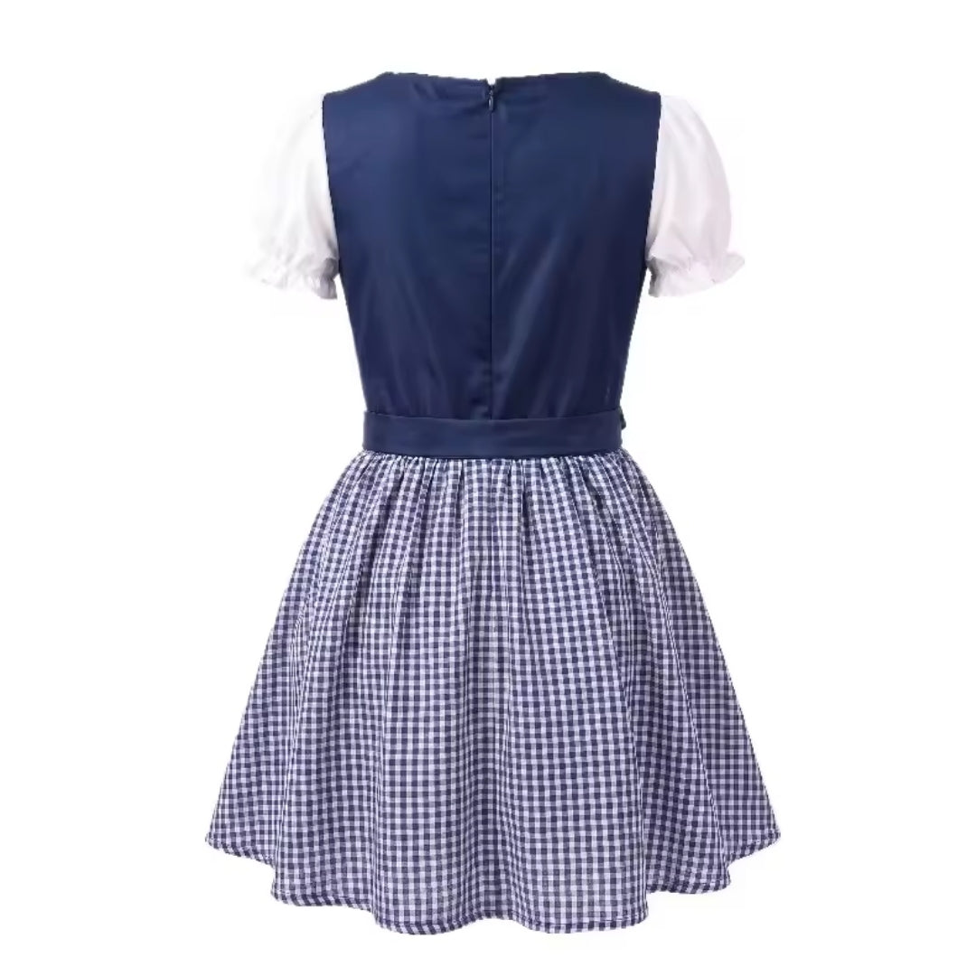 Rückansicht des blauen Dirndls mit Reißverschluss im Rücken, Gürtelband und blau-weiß kariertem Rock. 6