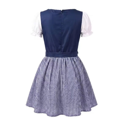 Rückansicht des blauen Dirndls mit Reißverschluss im Rücken, Gürtelband und blau-weiß kariertem Rock. 6