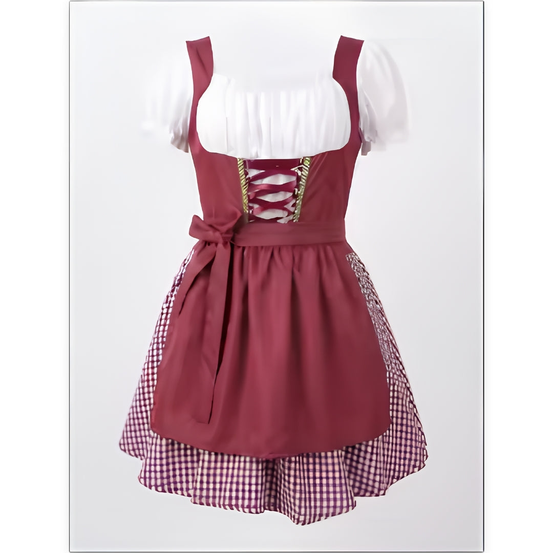 Weinrotes Dirndl mit weißer Puffärmel-Bluse, Schnürung am Mieder, Schürze mit Schleife und kariertem Unterrock, einzeln fotografiert. 1