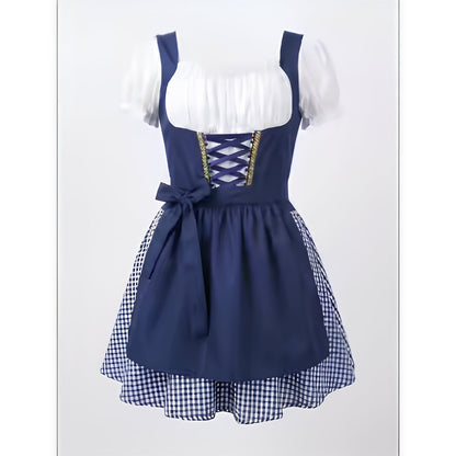Dunkelblaues Dirndl mit weißer Bluse, violetter Schnürung, Schürze mit Schleife und blau-weiß kariertem Rock, einzeln fotografiert. 2