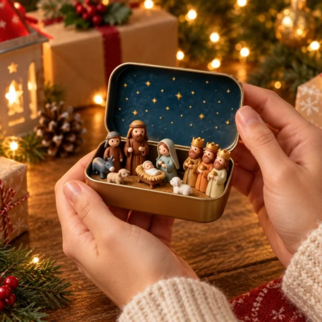 Weihnachtskrippe in einer goldenen Metalldose, von Händen gehalten