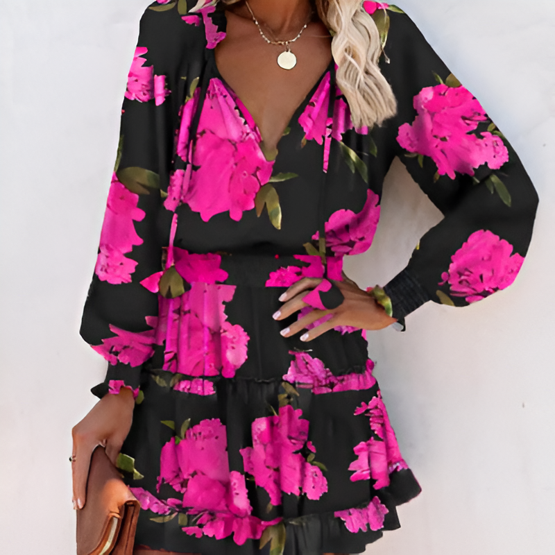 Herbstliches Kleid mit Druck und Rüschen – Lina