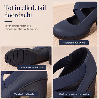 Collage mit vier Detailansichten der dunkelblauen Schuhe: mattes Obermaterial, Profilsohle, verstärkte Ferse und weiches Innenfutter. 5