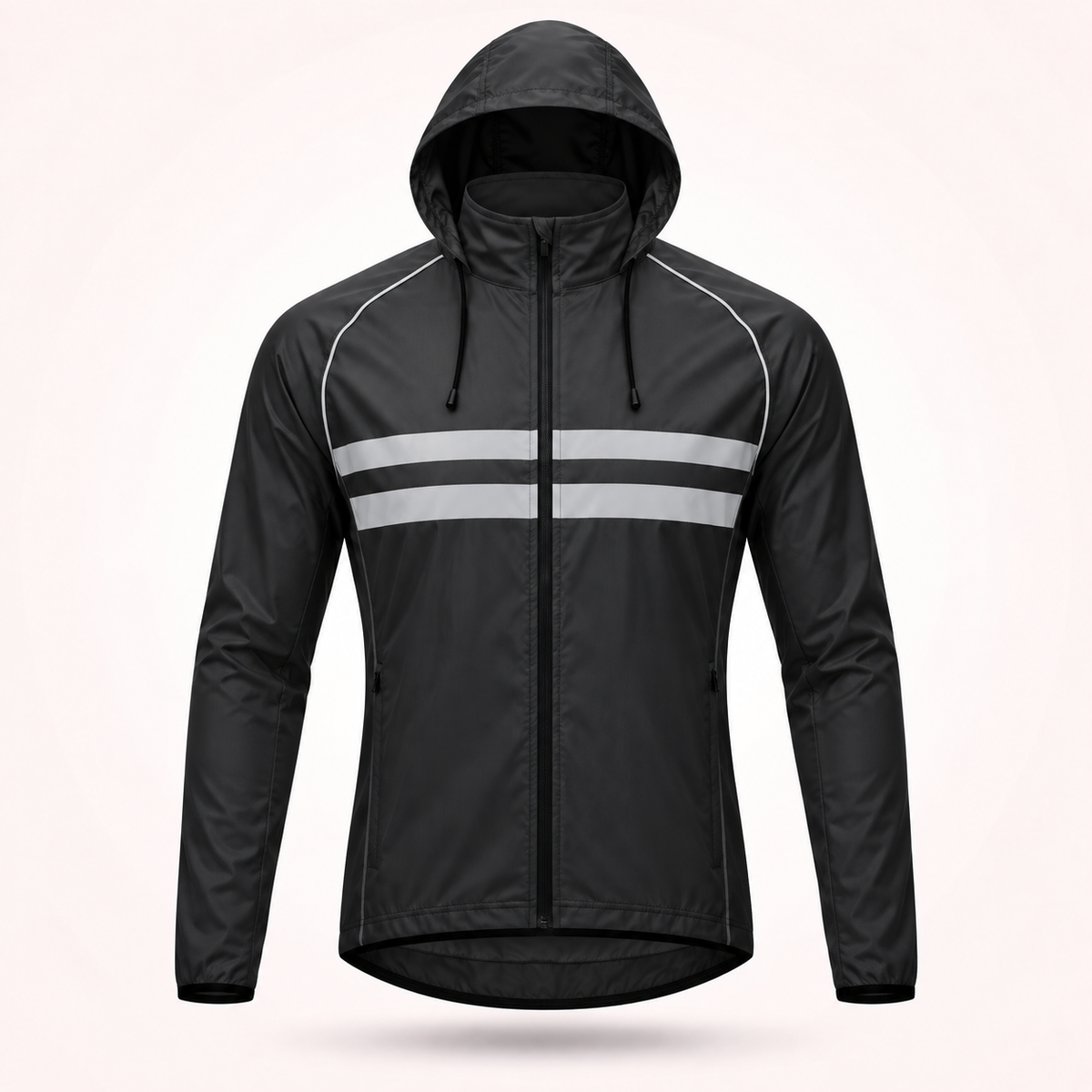 Schwarze Fahrradjacke mit Kapuze und Zugbändern in der Frontansicht, mit zwei Reflexstreifen und Reißverschlusstaschen an den Seiten. 17