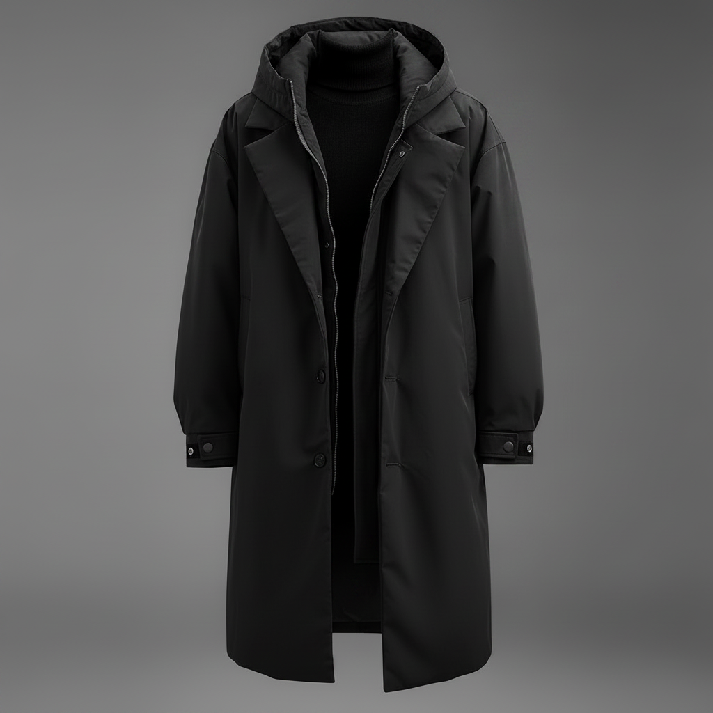 Schwarzer Herren-Trenchcoat mit Kapuze und Reverskragen, offen vor grauem Hintergrund