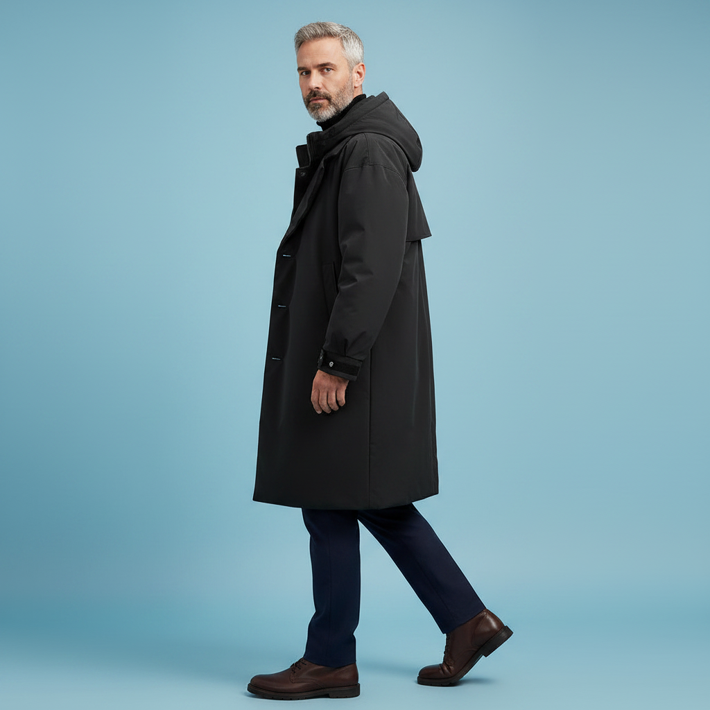 Seitenansicht des schwarzen Herren-Trenchcoats mit Kapuze