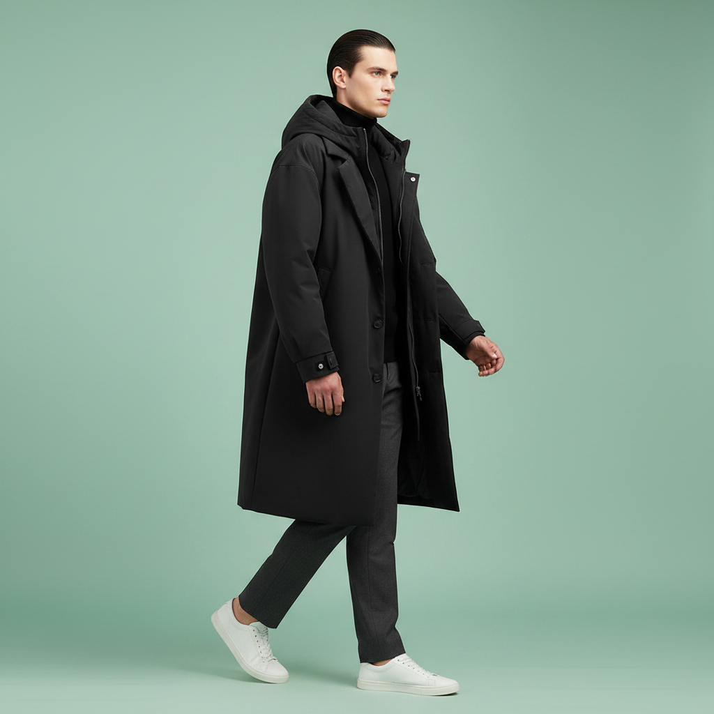 Gehendes Model im schwarzen Herren-Trenchcoat mit Kapuze