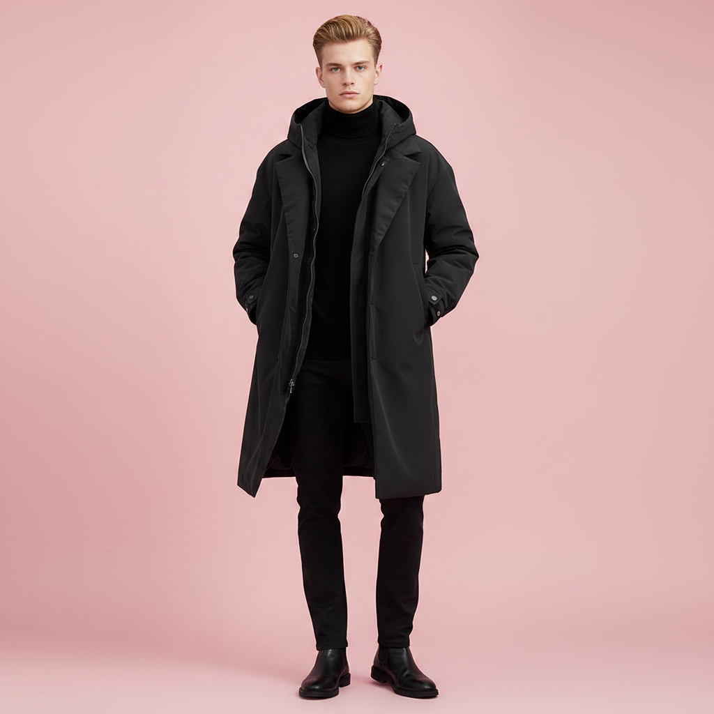 Herren-Trenchcoat in Schwarz mit Kapuze, getragen mit schwarzem Rollkragenpullover, schwarzer Hose und Stiefeln