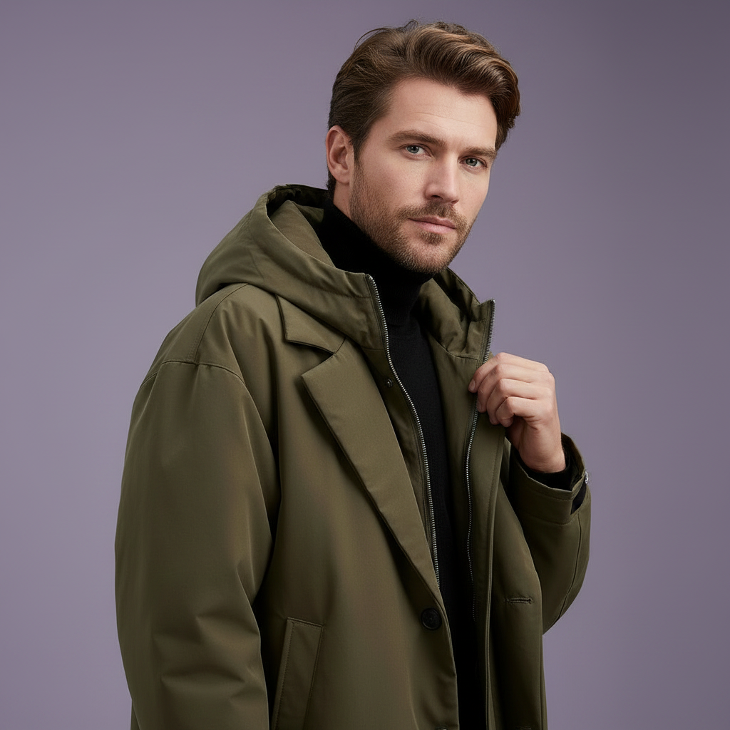 Model trägt den olivgrünen Herren-Trenchcoat mit Kapuze und offenem Reißverschluss über schwarzem Rollkragenpullover
