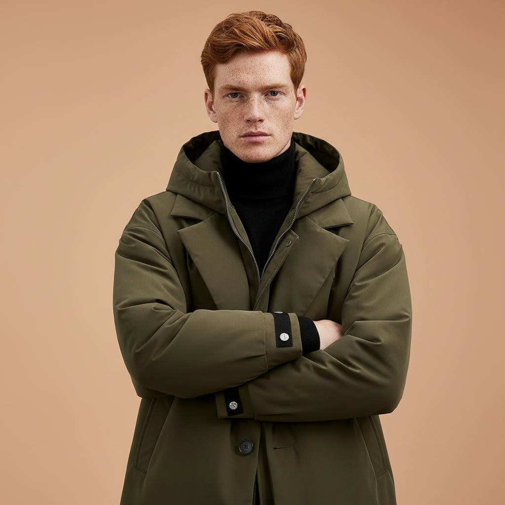 Detail des olivgrünen Herren-Trenchcoats mit Kapuze und Manschettenriegeln