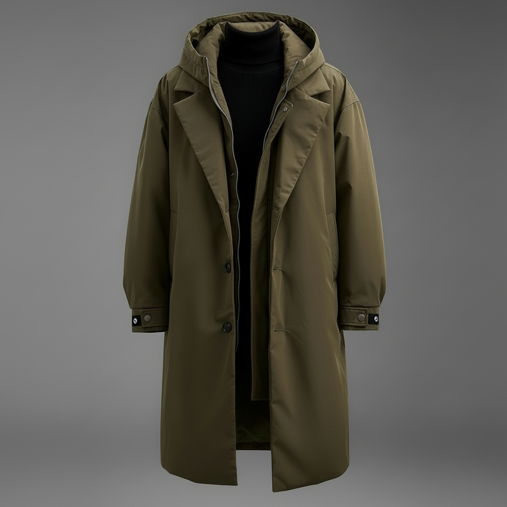 Offener olivgrüner Herren-Trenchcoat mit Kapuze, Reißverschluss, Knopfleiste und Manschettenriegeln vor grauem Hintergrund