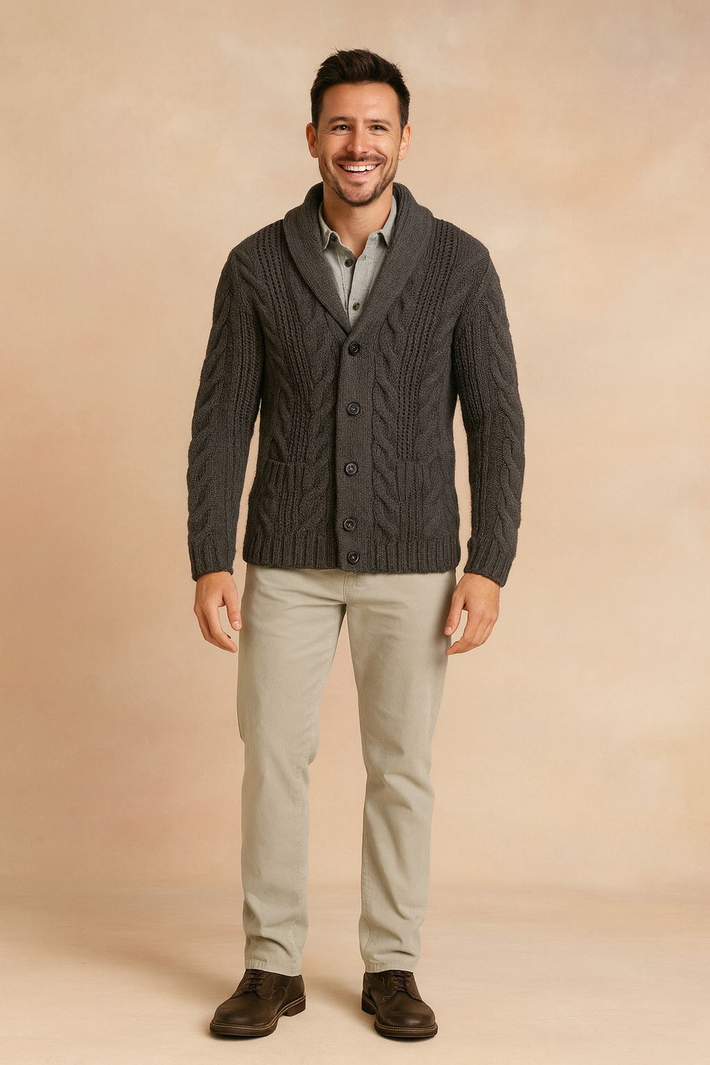 Ganzkörperaufnahme der dunkelgrauen Strickjacke, gestylt mit hellbeiger Hose und braunen Schnürschuhen vor hellem Hintergrund. 6