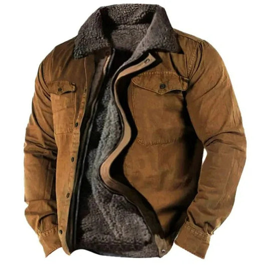 Braune Jacke mit grauem Teddyfutter und Kragen, halb geöffnet, Brusttaschen mit Klappen, Vorderansicht 1