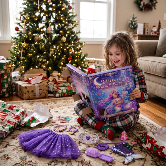 Lachendes Mädchen im Schlafanzug sitzt vor dem Weihnachtsbaum und öffnet den Kalender, daneben liegen Tutu, Tiara und 1