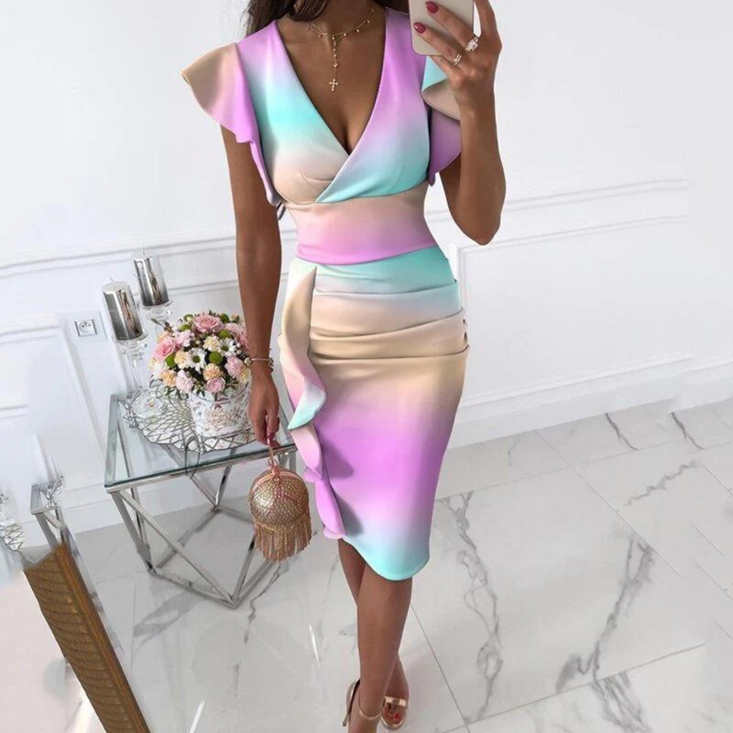 Herbstliches Midi-Kleid mit V-Ausschnitt und taillierter Passform – Livia