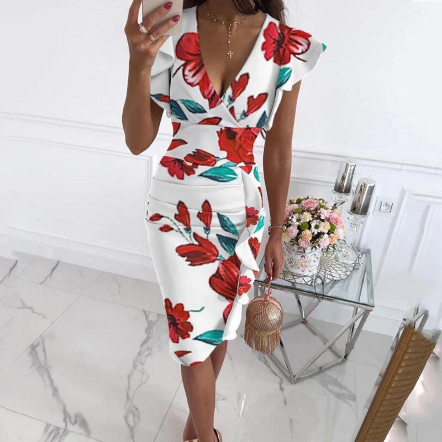 Herbstliches Midi-Kleid mit V-Ausschnitt und taillierter Passform – Livia
