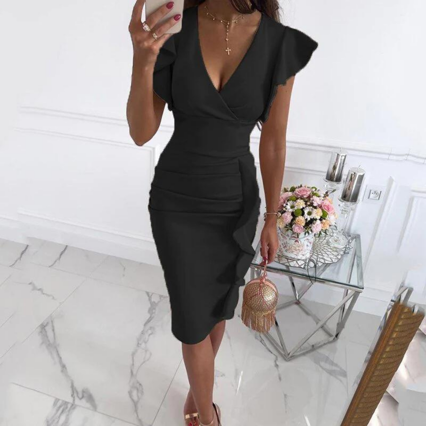 Herbstliches Midi-Kleid mit V-Ausschnitt und taillierter Passform – Livia