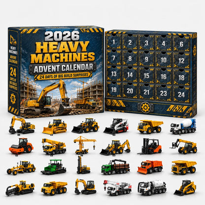 Blau-gelbe Adventskalender-Schachtel mit Baumaschinen-Motiv, davor 24 Miniatur-Baumaschinen wie Bagger, Radlader, Kran, Walze und Betonmischer. 10