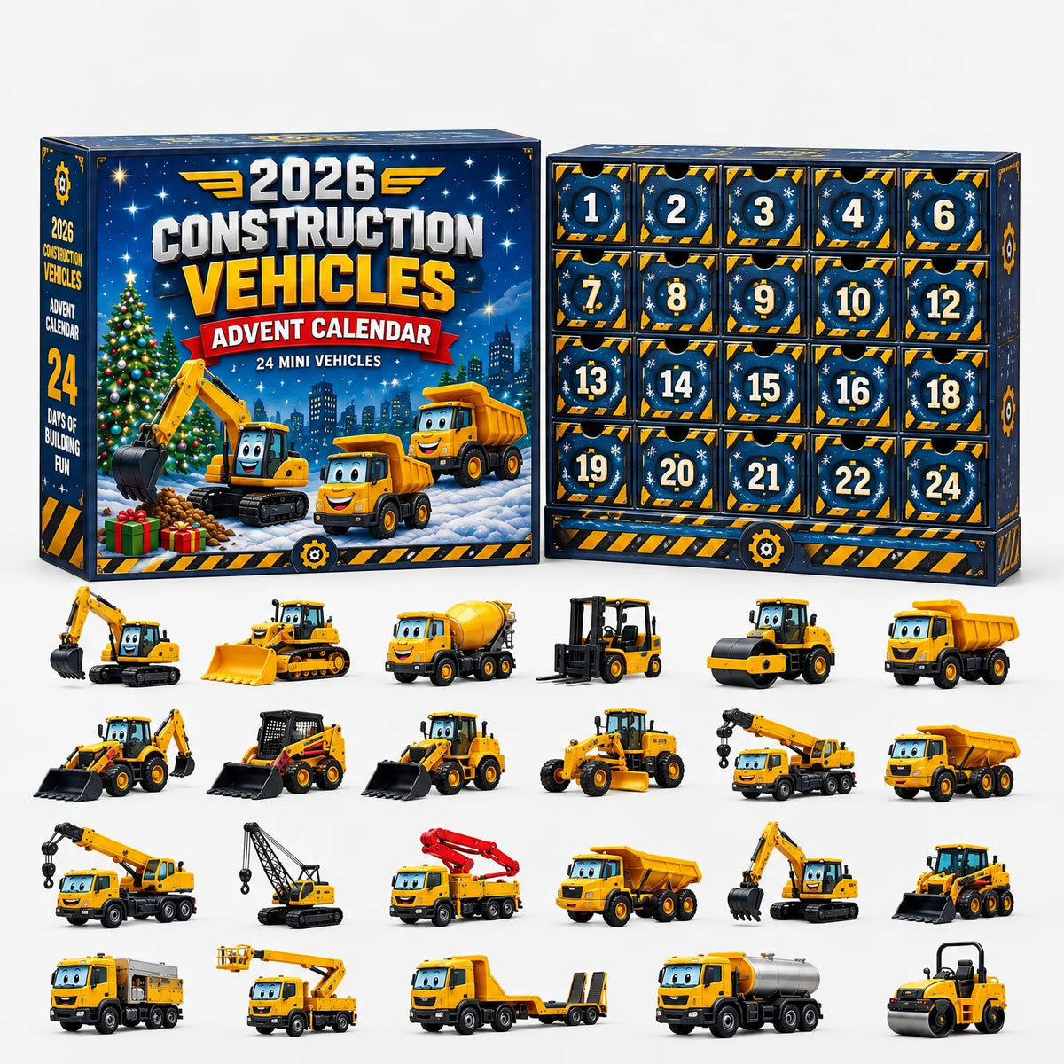 Blaue Weihnachts-Adventskalender-Schachtel mit lachenden Baufahrzeugen, davor 22 gelbe Miniatur-Baufahrzeuge mit Gesichtern, darunter Bagger, Kipper und Kräne. 11