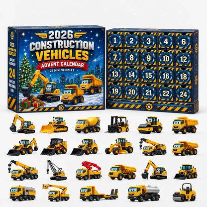 Blaue Weihnachts-Adventskalender-Schachtel mit lachenden Baufahrzeugen, davor 22 gelbe Miniatur-Baufahrzeuge mit Gesichtern, darunter Bagger, Kipper und Kräne. 11