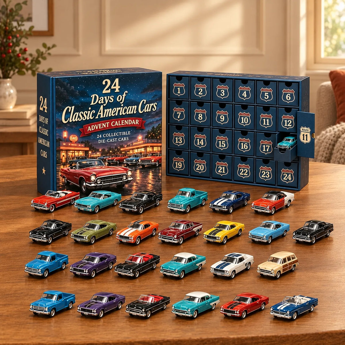 Dunkelblaue Adventskalender-Schachtel mit Oldtimer-Motiv und geöffnetem Schubfach, davor 24 bunte Modellautos im Wohnzimmer auf einem Holztisch. 1