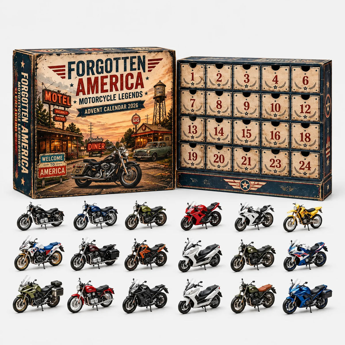 Adventskalender-Schachtel im Retro-Look mit Raststätten-Motiv und hellen Schubfächern, davor 18 Miniatur-Motorräder in Reihen. 4