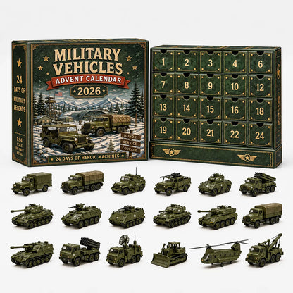 Grüne Adventskalender-Schachtel mit Militärmotiv und nummerierten Schubfächern, davor 18 olivgrüne Miniatur-Militärfahrzeuge wie Panzer, Lastwagen und Hubschrau 5