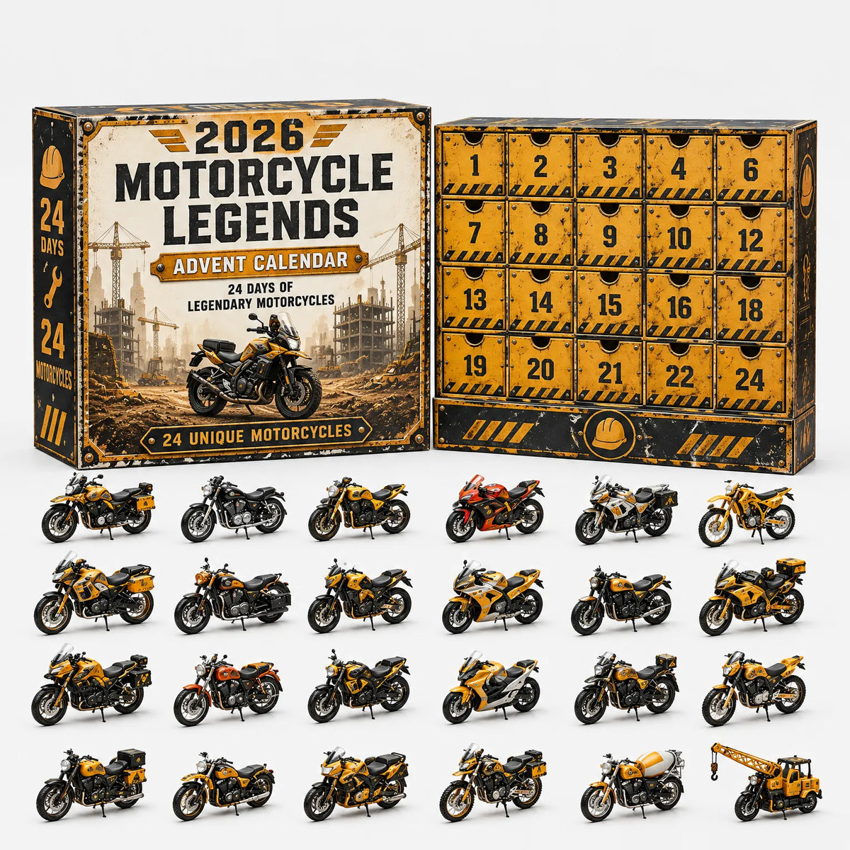 Gelb-schwarze Adventskalender-Schachtel im Baustellen-Look, davor 24 gelbe Miniatur-Motorräder und ein Baukran in vier Reihen. 6