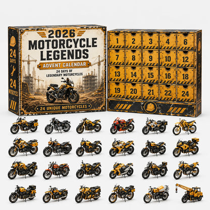 Gelb-schwarze Adventskalender-Schachtel im Baustellen-Look, davor 24 gelbe Miniatur-Motorräder und ein Baukran in vier Reihen. 6