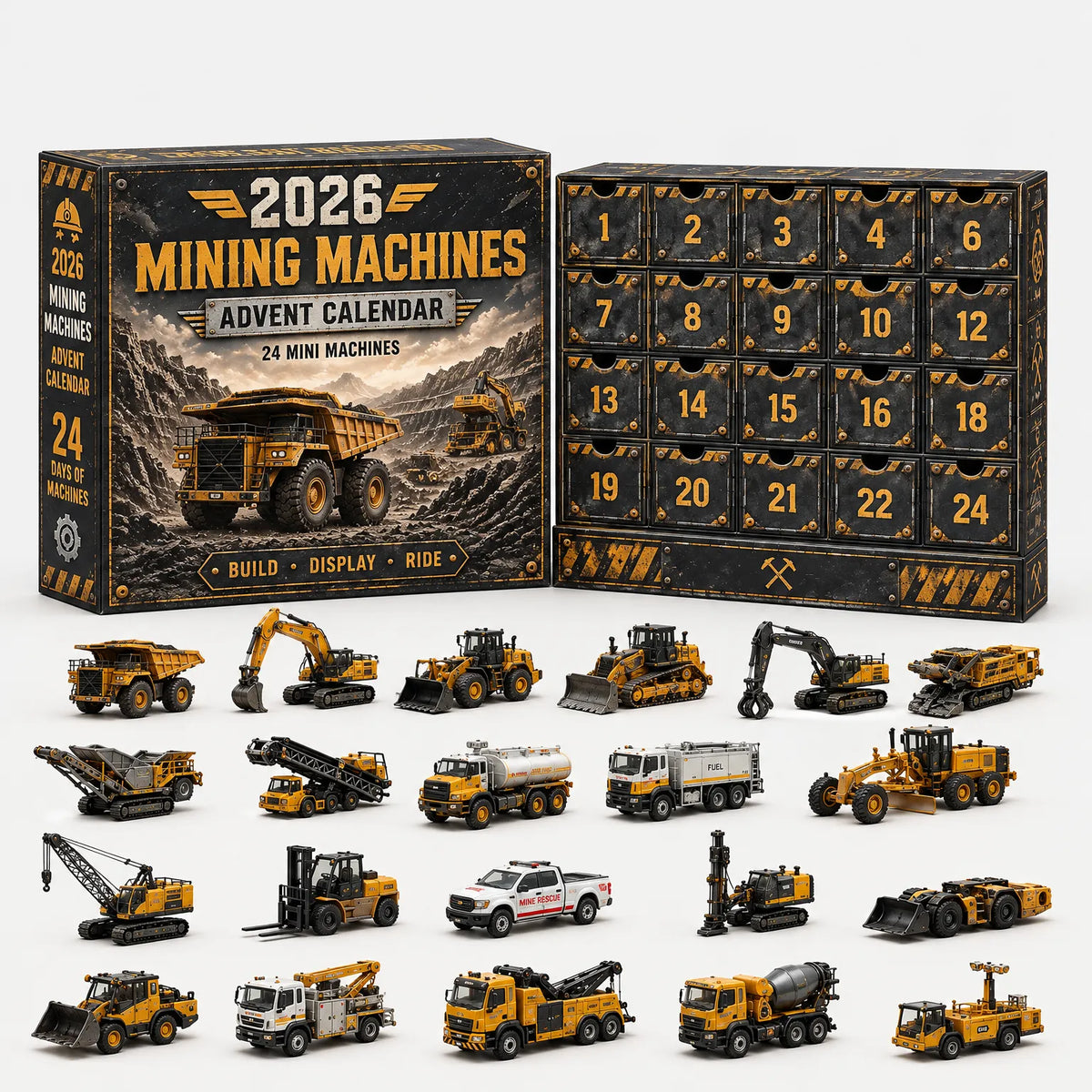 Schwarz-gelbe Adventskalender-Schachtel mit Bergbaumotiv, davor 22 Miniatur-Bergbaumaschinen wie Muldenkipper, Bagger, Kran und Tankwagen. 8