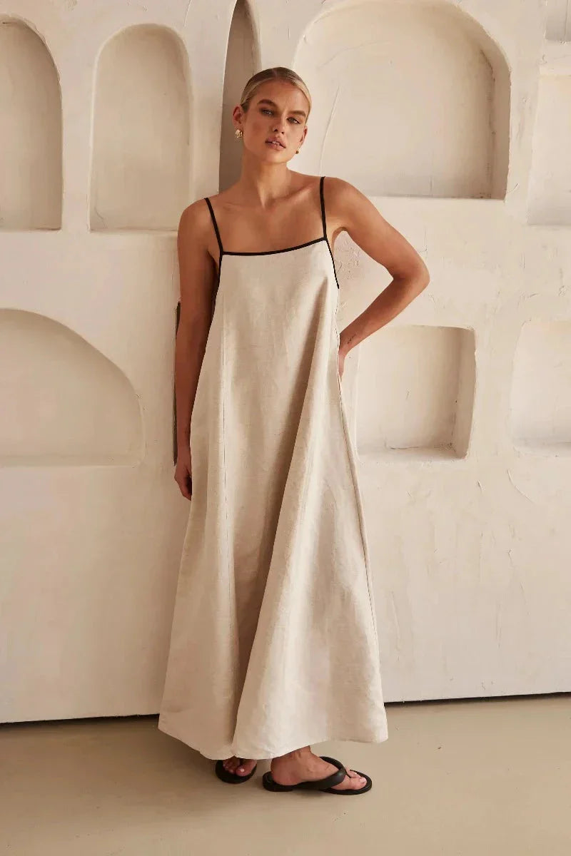 Ärmelloses Beiges Boho Maxi Kleid im Leinen-Look – Elin