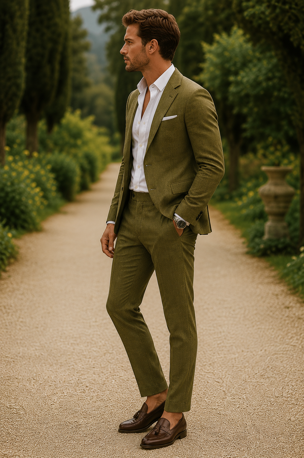 Seitenansicht des Models im olivgrünen Anzug mit braunen Loafern in einer Gartenallee 11