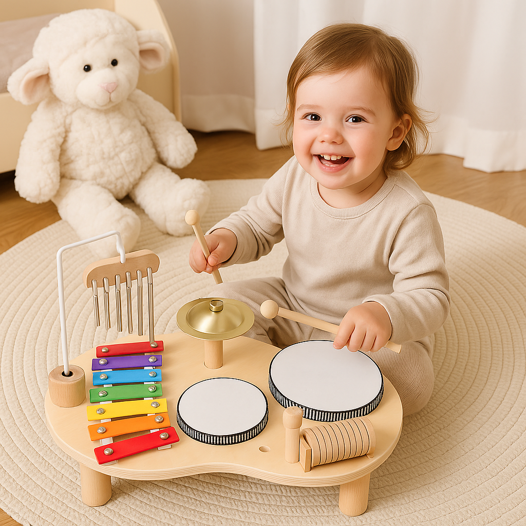 Lachendes Kleinkind sitzt auf einem Rundteppich und spielt mit zwei Schlägeln auf dem Holz-Musiktisch, daneben ein weißes Plüschschaf. 2