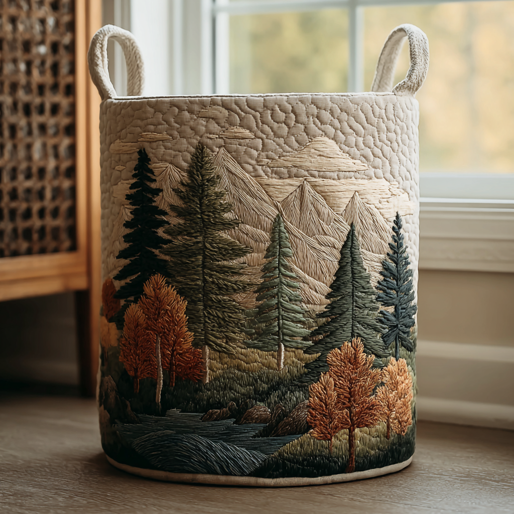 Gesteppter Wäschekorb in Creme mit gestickter Berglandschaft, Tannen und Herbstbäumen, zwei Stoffhenkel, steht vor einem Fenster. 1