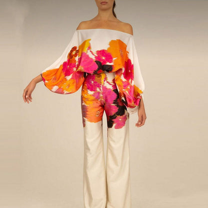 Zweiteiliges Satin-Set mit Herbstmuster – Selena