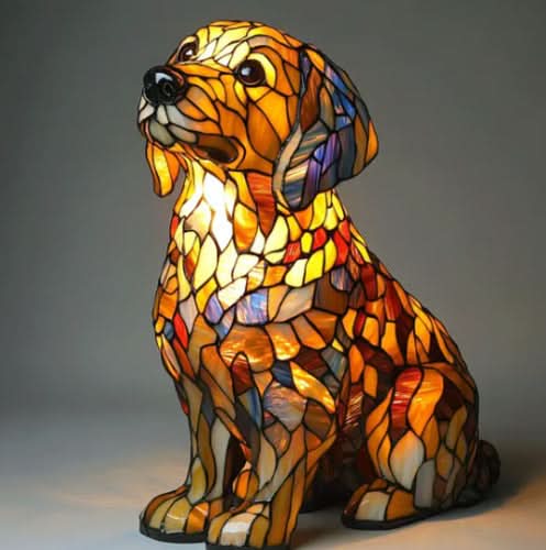 Sitzende Hundefigur mit nach oben gerichtetem Kopf, gelb-orangem Mosaikfell und bunten Akzenten am Ohr