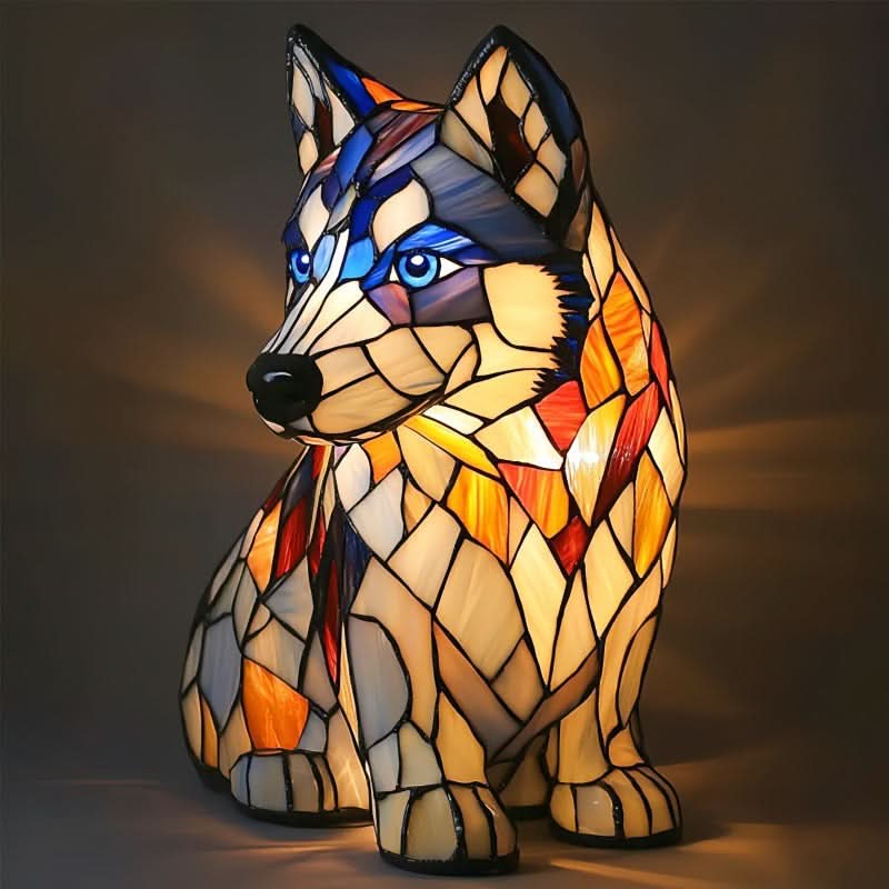 Sitzende Husky-Figur mit blauen Augen, cremeweißem Mosaikkörper und orange-roten Akzenten