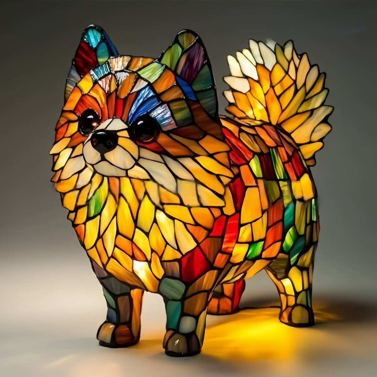 Stehende Spitz-ähnliche Hundefigur mit buschiger Rute, orangem Mosaikfell mit roten und grünen Glasteilen