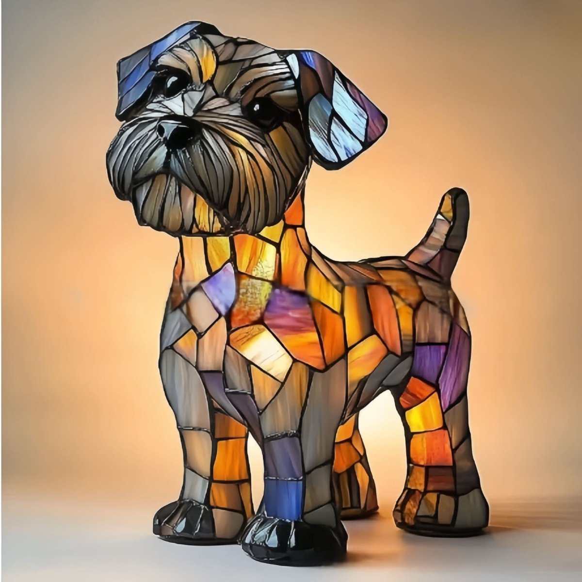 Stehende Hundefigur im Buntglas-Mosaikstil mit zottigem Bart und schiefgelegtem Kopf, warm von hinten beleuchtet vor orangefarbenem Hintergrund. 21