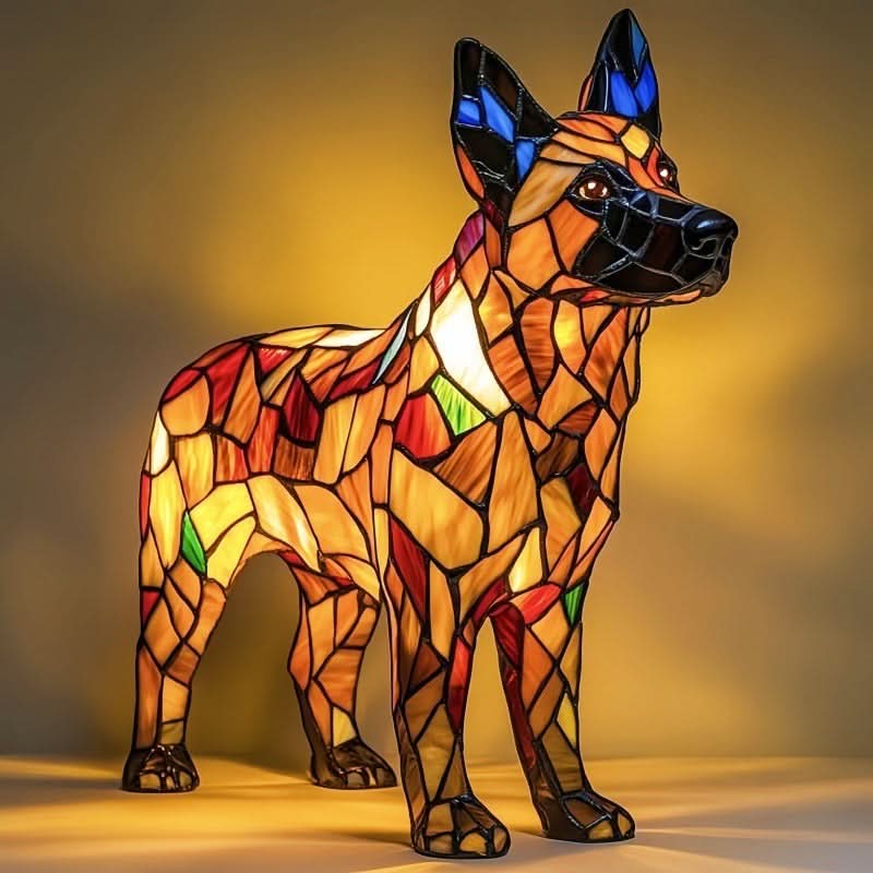 Leuchtende Schäferhund-Figur mit großen, blau gemusterten Stehohren und orange-roten Glasmosaik-Teilen, seitlich vor gelbem Hintergrund fotografiert. 22