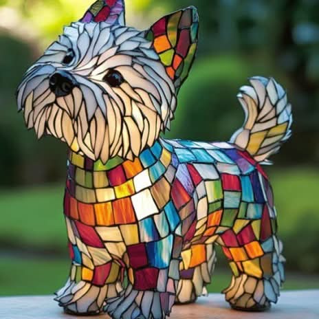 Terrier-Figur mit hellem, zotteligem Fell aus weißen Glasstreifen und buntem Mosaikkörper, im Freien vor unscharfem grünem Garten aufgenommen. 26