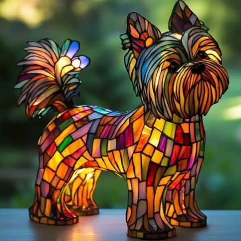 Kleine langhaarige Hundefigur mit buschigem Schwanz im bunten Mosaikmuster, das Licht scheint von innen durch die Glasflächen, grüner Hintergrund. 28