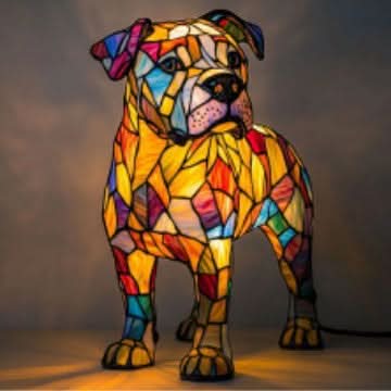 Stehende Bulldoggen-Figur mit Schlappohren in leuchtendem Orange mit bunten Mosaikteilen, ein Kabel führt rechts hinten aus dem Sockel. 29