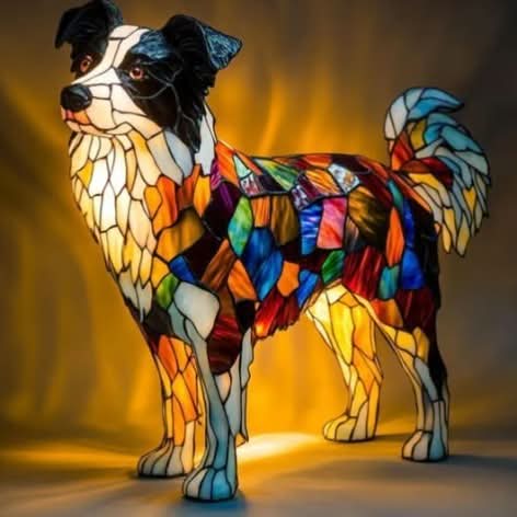 Stehende Hundefigur im Buntglas-Look mit schwarz-weißem Kopf, buntem Rücken und buschiger Rute