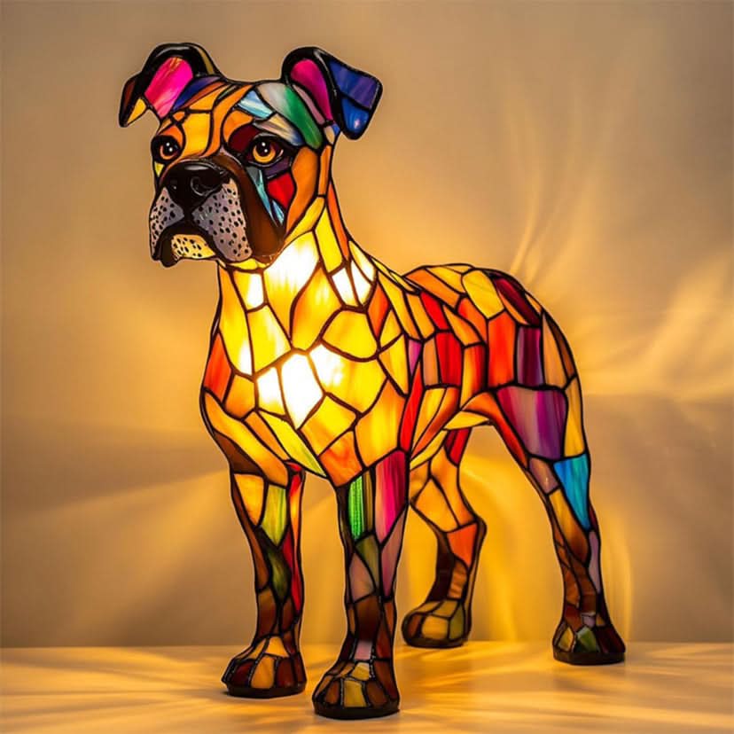 Stehende Hundefigur mit Kippohren und Mosaikmuster in Orange, Rot und Violett